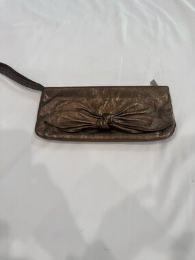 Hobo Bronze Leather Clutch/ Wallet/ Wristlet Bow Accent. Card Slot Zip Clourse